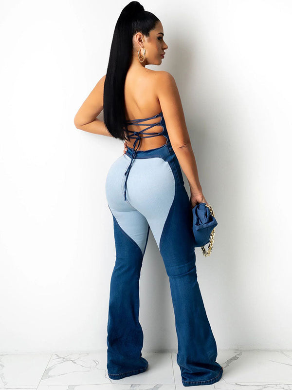 Off Shoulder Lace Up Denim Rompers Tiynon