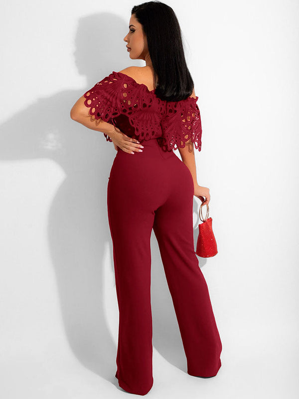 Off Shoulder Lace Wide Leg Rompers Tiynon