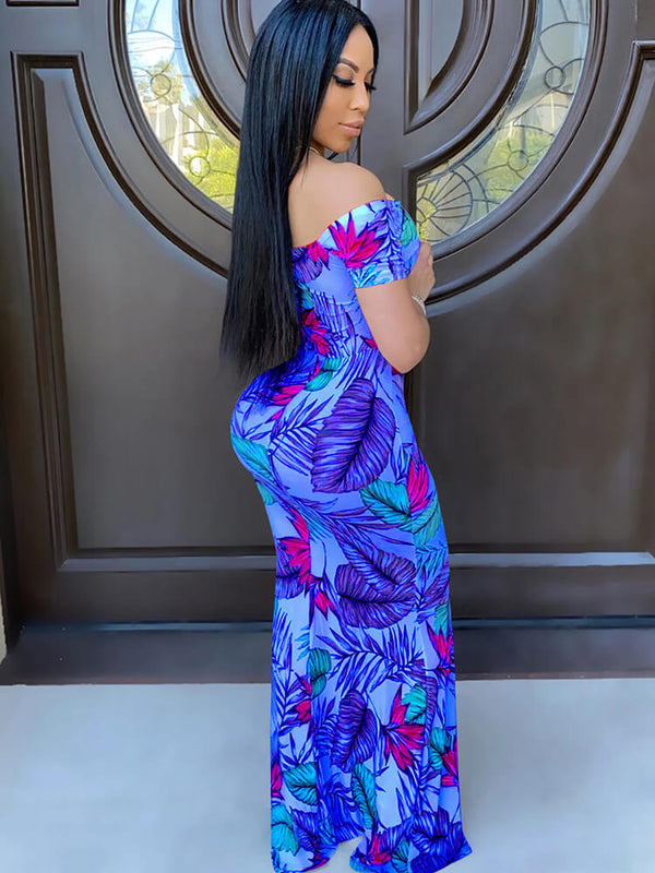 Off Shoulder Leaf Printed Maxi Dress Tiynon