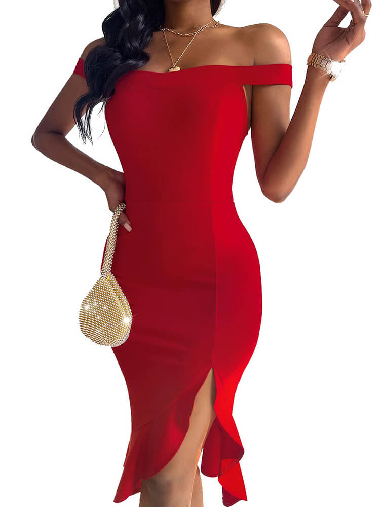 Off shoulder High Split Ruffled Midi Drsss Tiynon