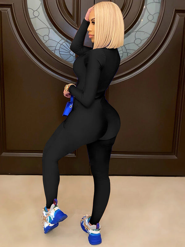 One Piece Front Zipper Solid Color Bodycon Jumpsuits Tiynon