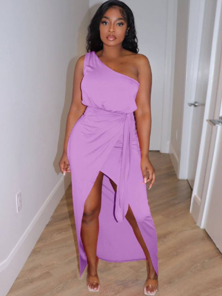 One Shoulder Lace Up Split Maxi Dresses Tiynon