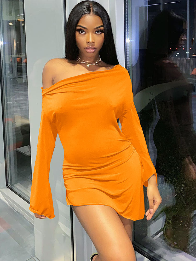 One Shoulder Long Sleeves Mini Dresses Tiynon