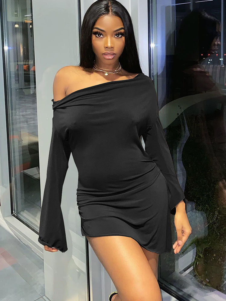 One Shoulder Long Sleeves Mini Dresses Tiynon