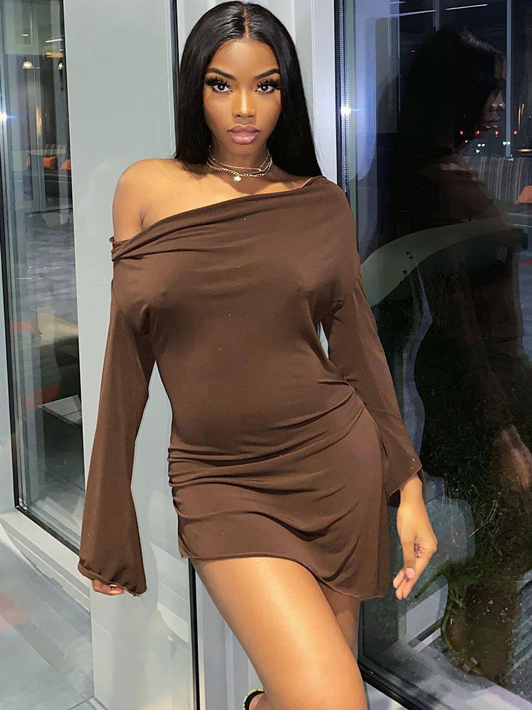 One Shoulder Long Sleeves Mini Dresses Tiynon