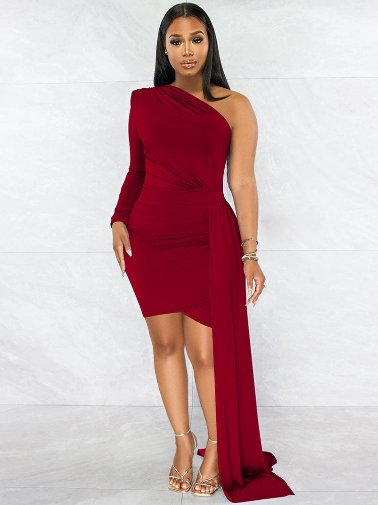 One Shoulder Long Sleeves Ruched Mini Dresses Tiynon