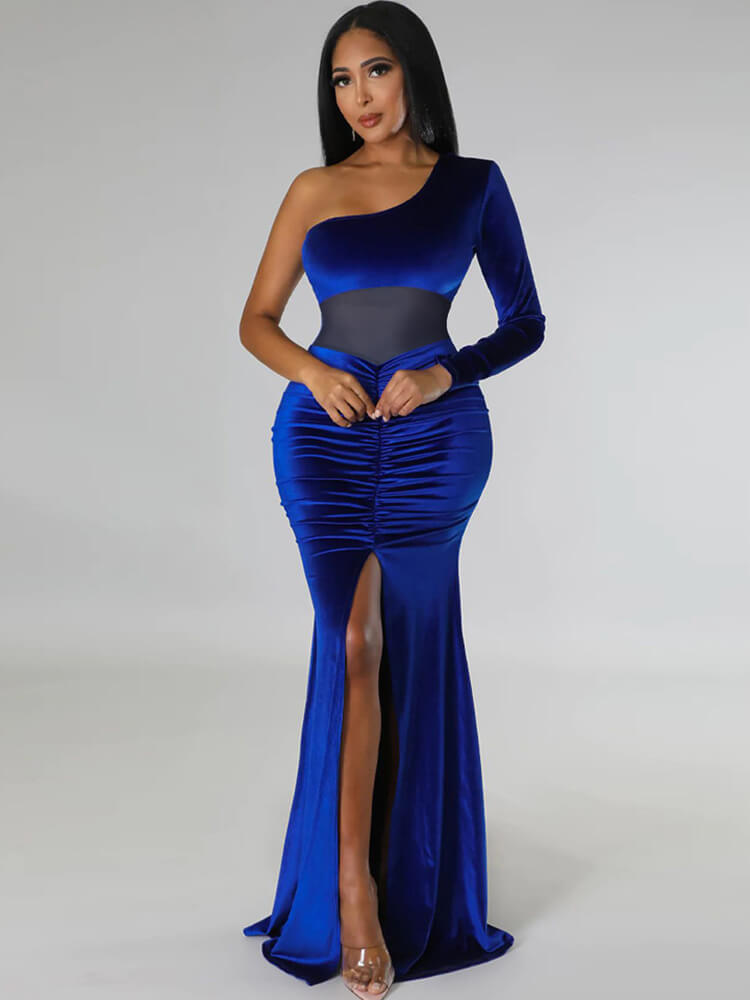 One Shoulder Mesh Patchwork Maxi Dresses Tiynon