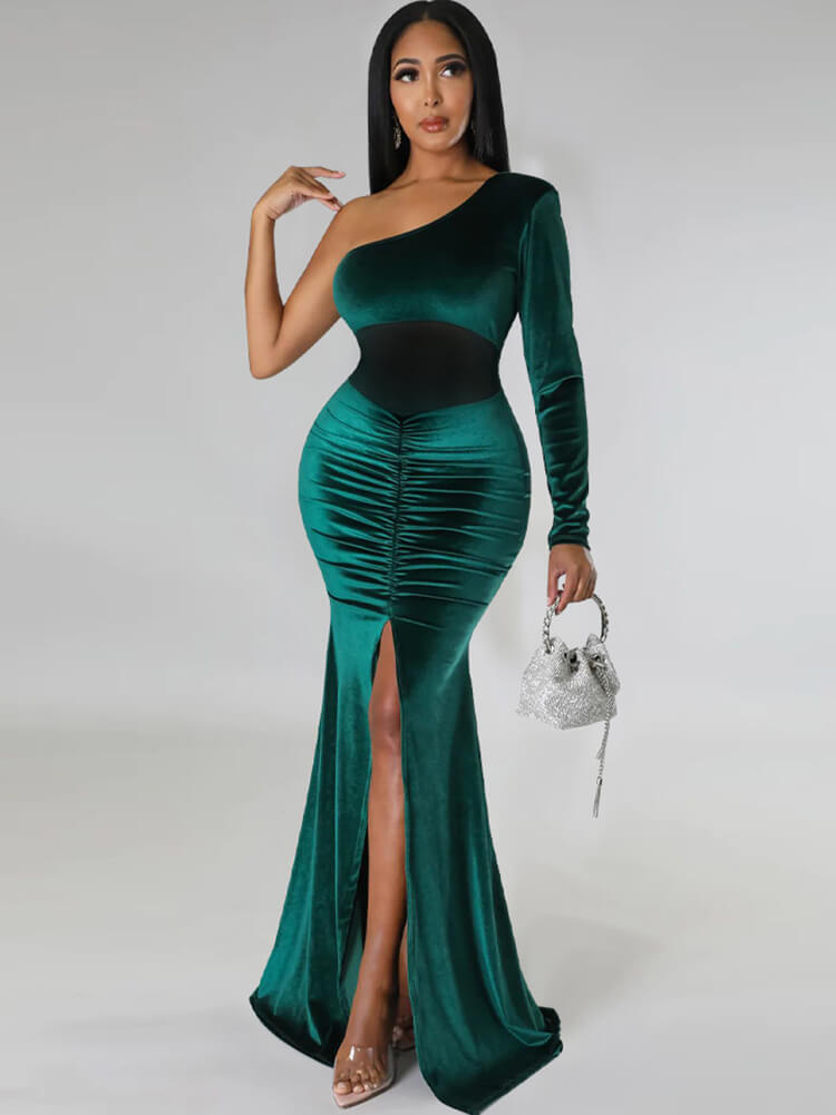 One Shoulder Mesh Patchwork Maxi Dresses Tiynon