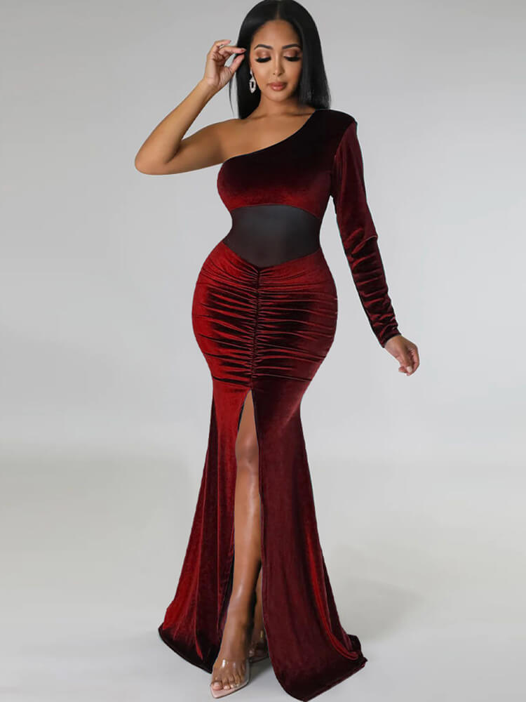 One Shoulder Mesh Patchwork Maxi Dresses Tiynon