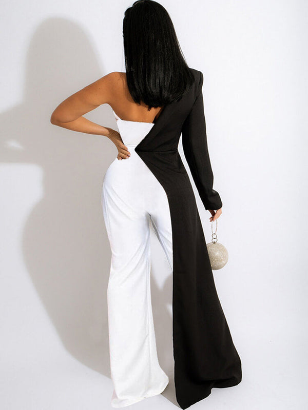 One Shoulder Patchwork Wide Leg Jumpsuit Tiynon