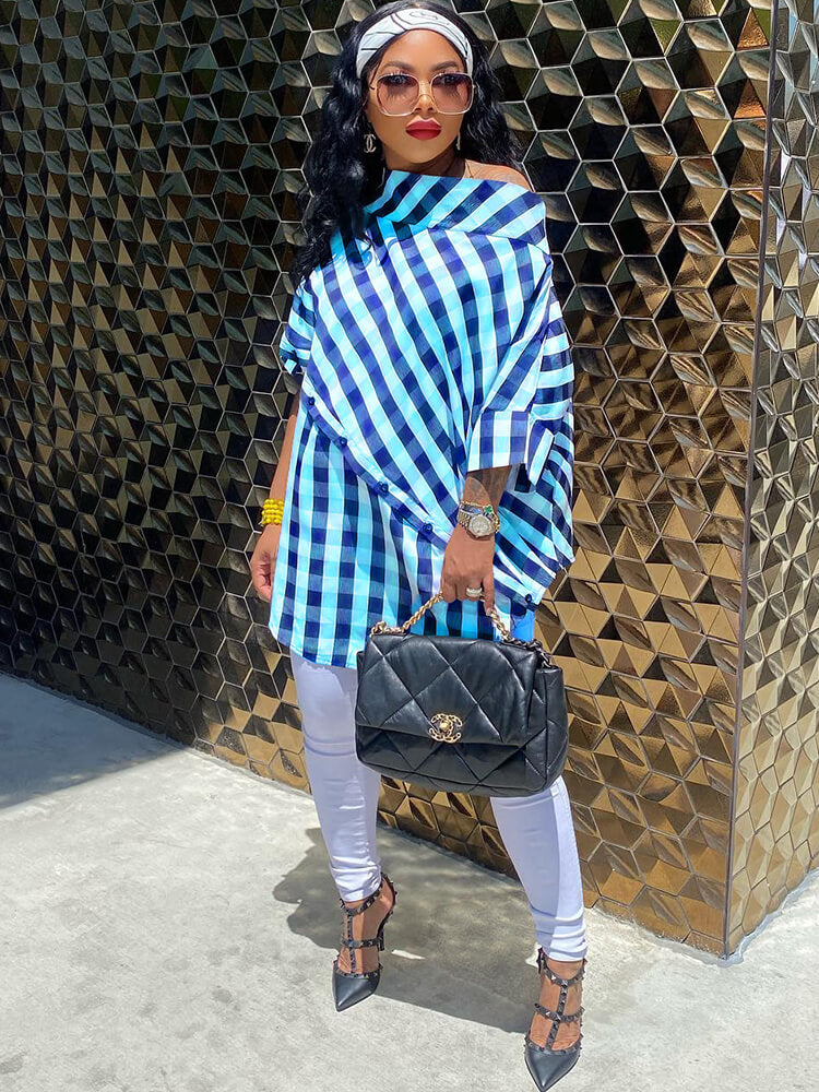 One Shoulder Plaid Print Bodycon Tops Tiynon