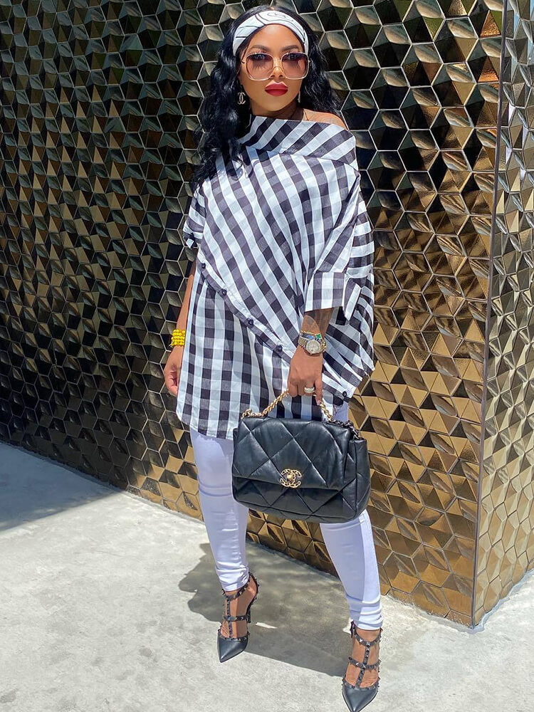 One Shoulder Plaid Print Bodycon Tops Tiynon