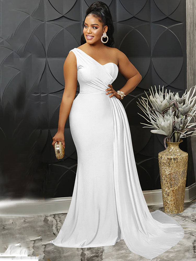 One Shoulder Pleated Bodycon Maxi Dresses Tiynon