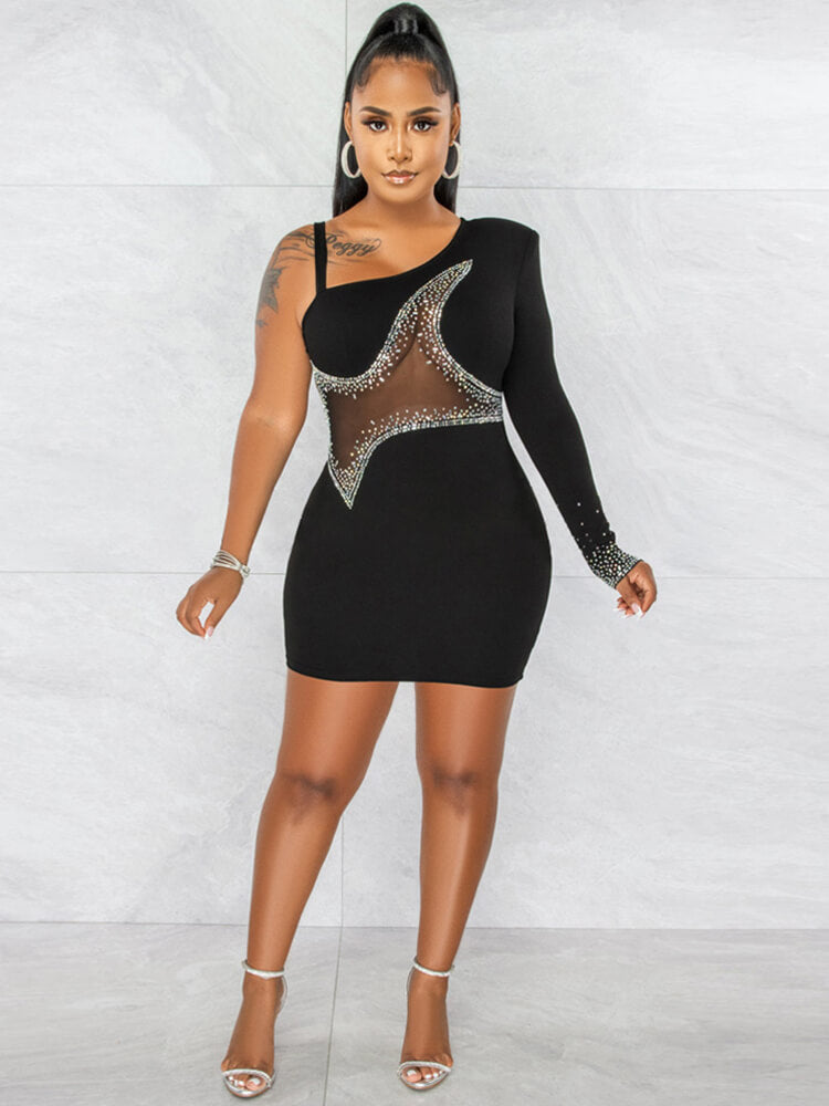 One Shoulder Rhinestone Sequin Bodycon Mini Dresses Tiynon
