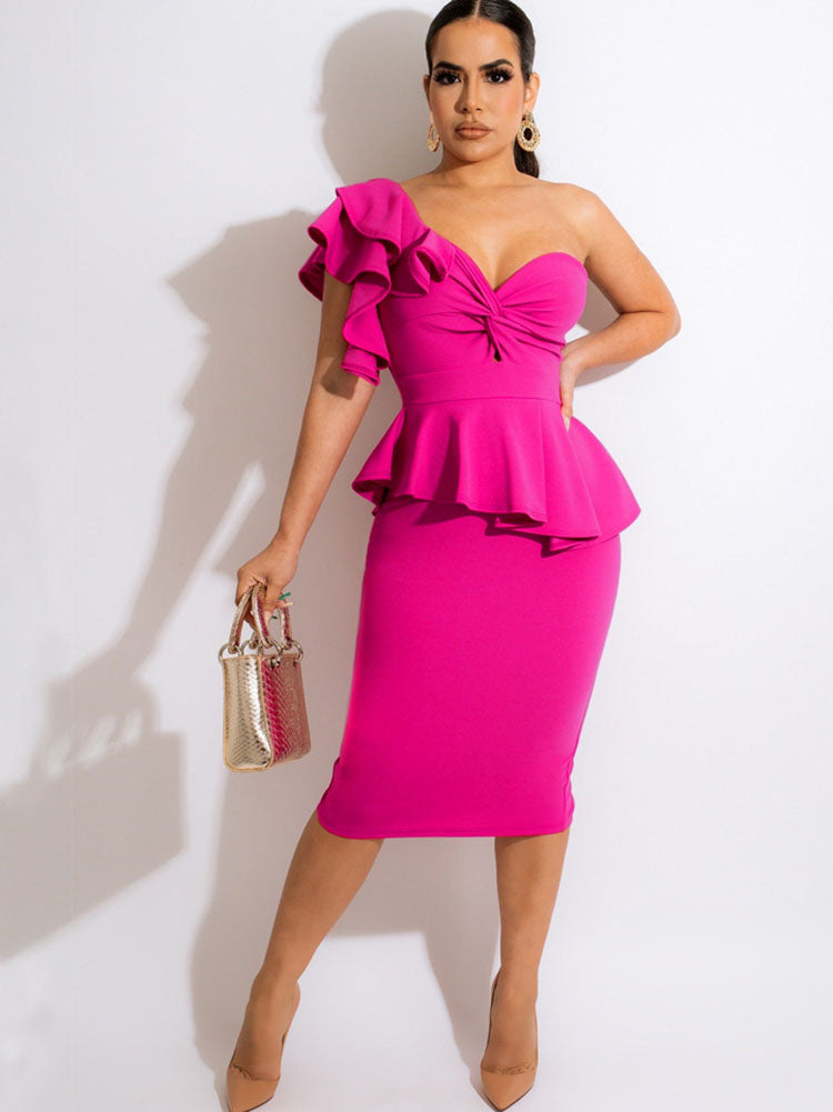 One Shoulder Ruffle Bodycon Midi Dresses Tiynon