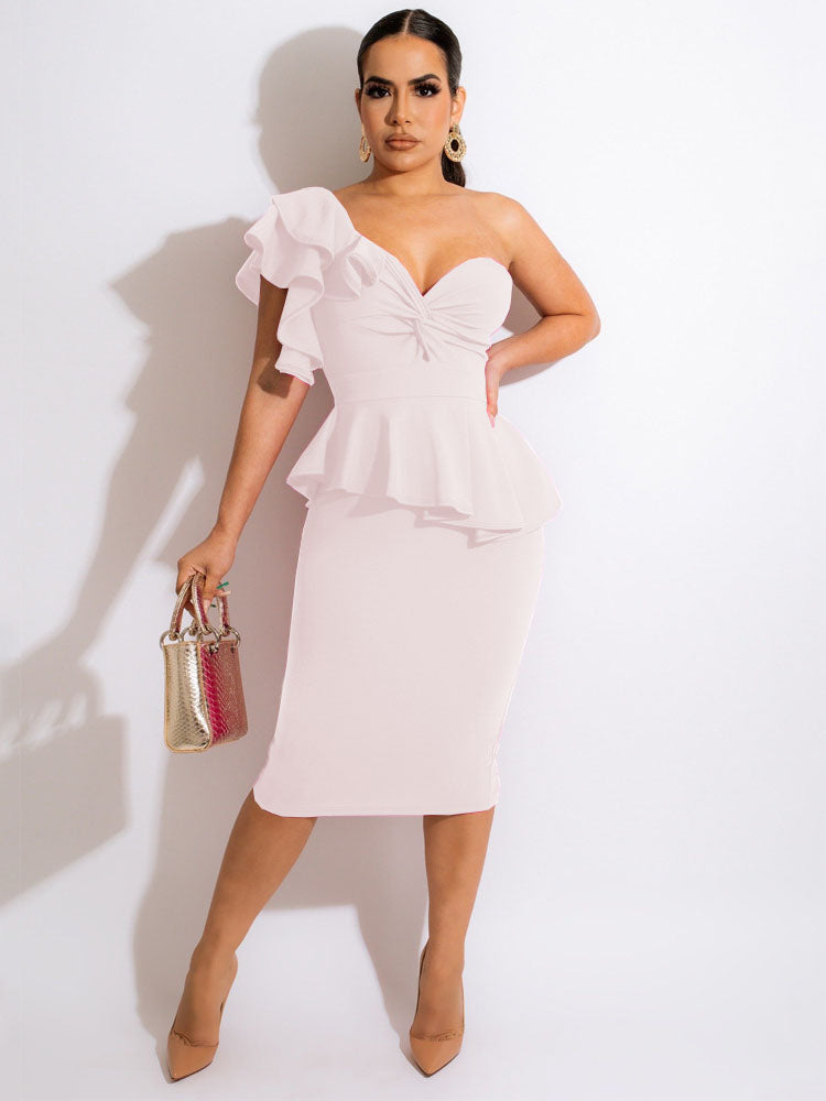 One Shoulder Ruffle Bodycon Midi Dresses Tiynon