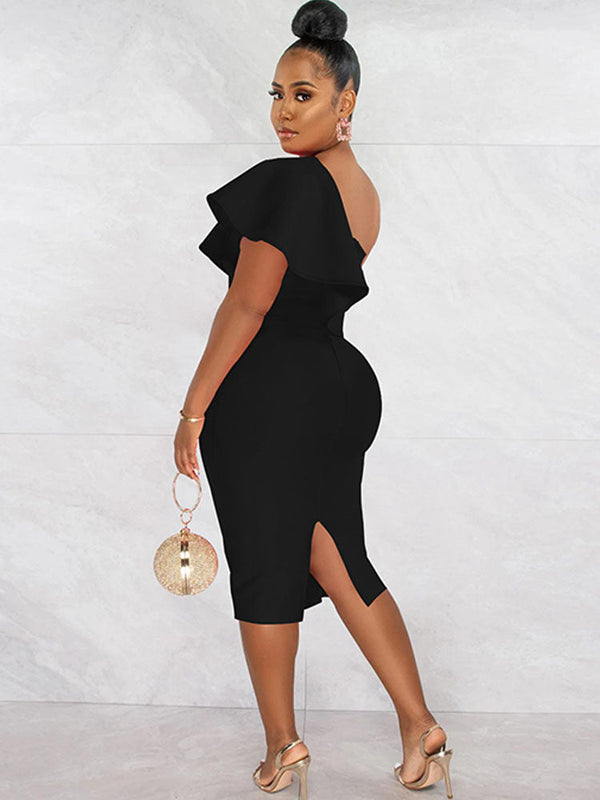 One Shoulder Ruffle Midi Dresses Tiynon