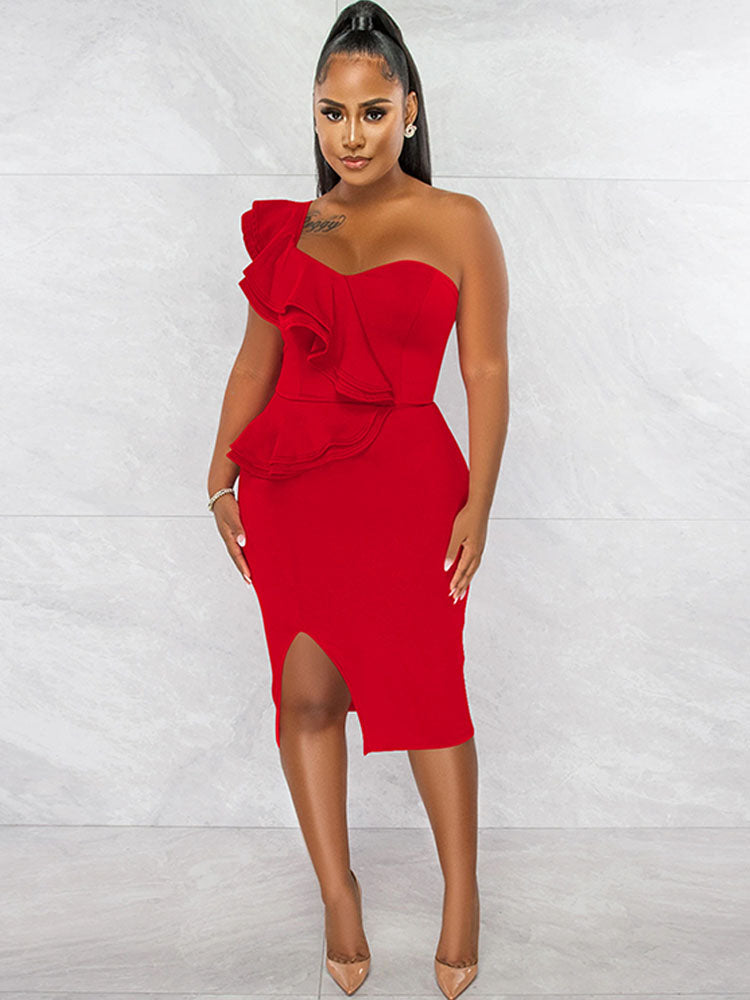One Shoulder Ruffle Split Midi Dresses Tiynon
