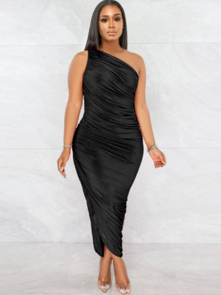 One Shoulder Sleeveless Ruched Maxi Dresses Tiynon