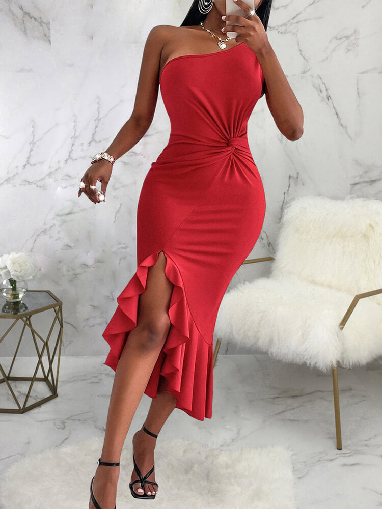 One Shoulder Sleeveless Ruffle Split Midi Dresses Tiynon
