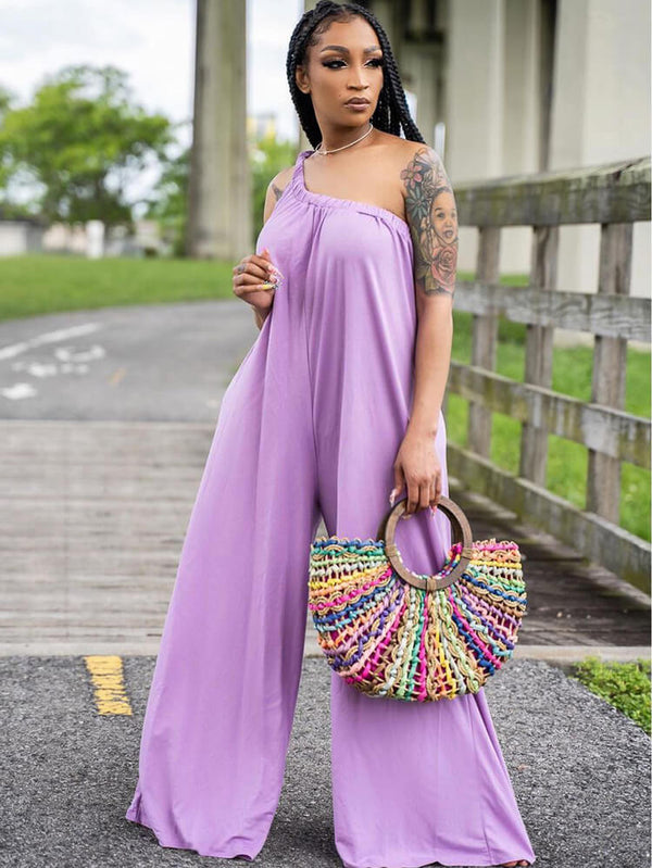 One Shoulder Sleeveless Wide Leg Jumpsuit Tiynon