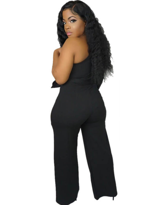 One Shoulder Slit Sleeve Solid Color Wide Leg Pant Jumpsuits Tiynon
