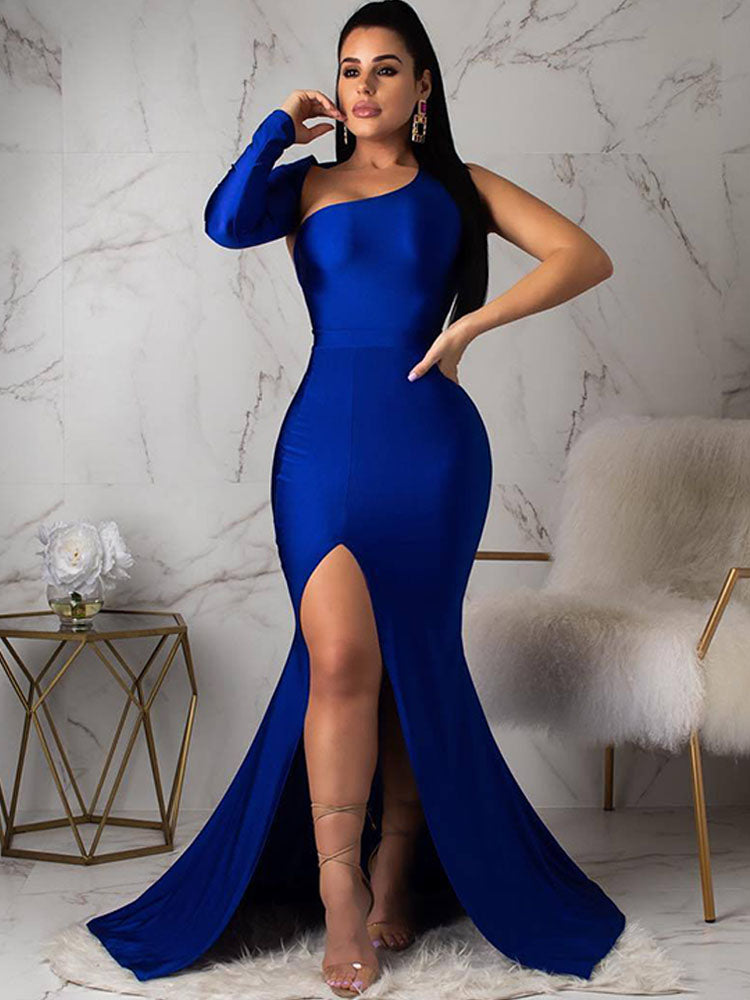 One Shoulder Split Backless Maxi Dresses Tiynon