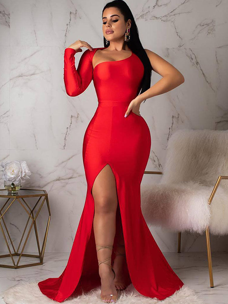 One Shoulder Split Backless Maxi Dresses Tiynon