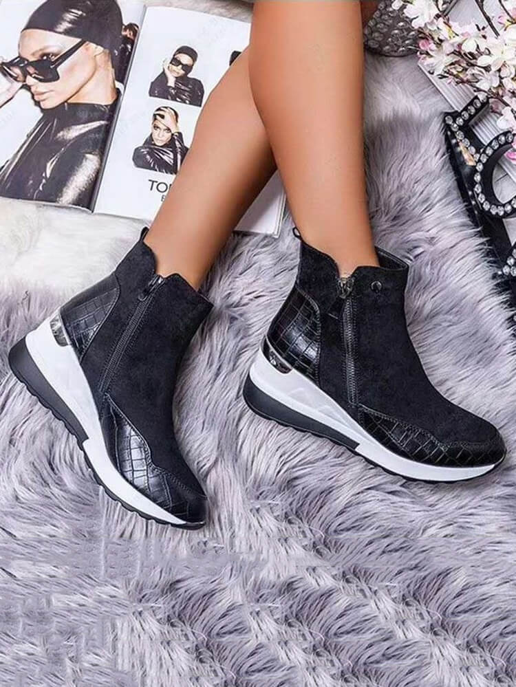 PU Patchwork Side Zipper Ankle Booties Tiynon