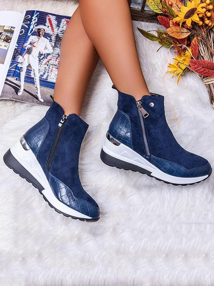 PU Patchwork Side Zipper Ankle Booties Tiynon