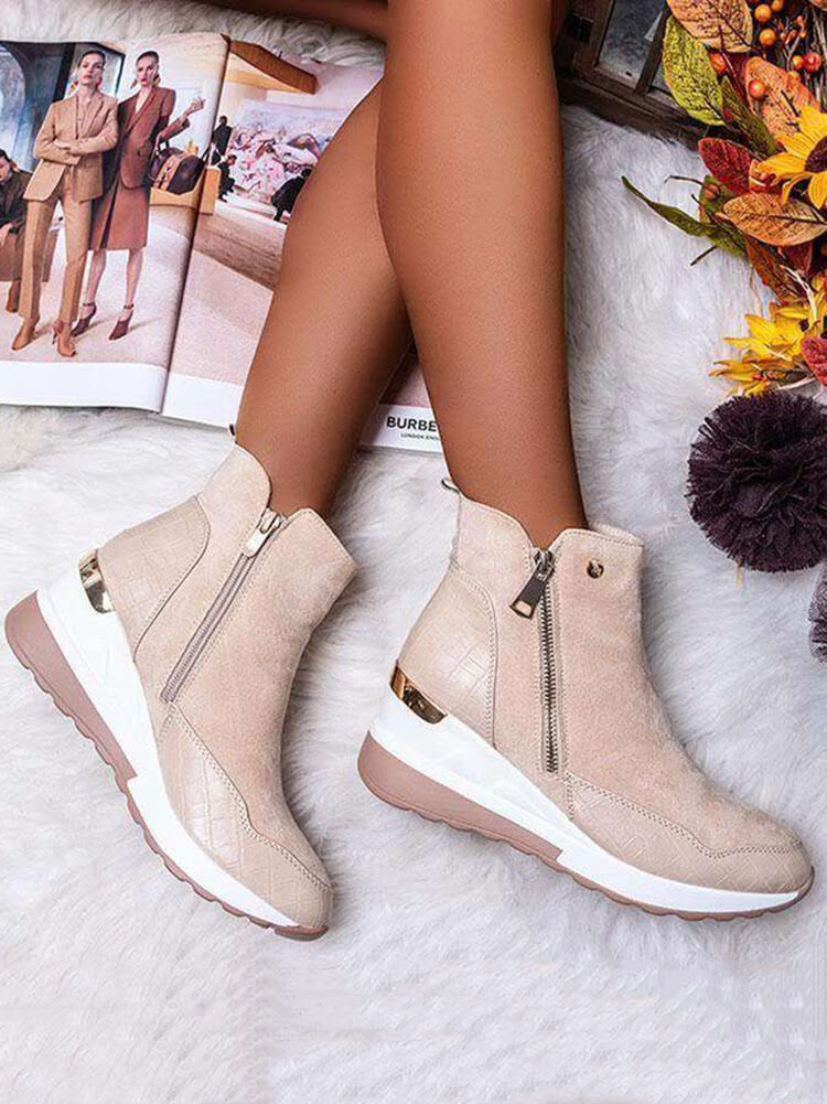 PU Patchwork Side Zipper Ankle Booties Tiynon