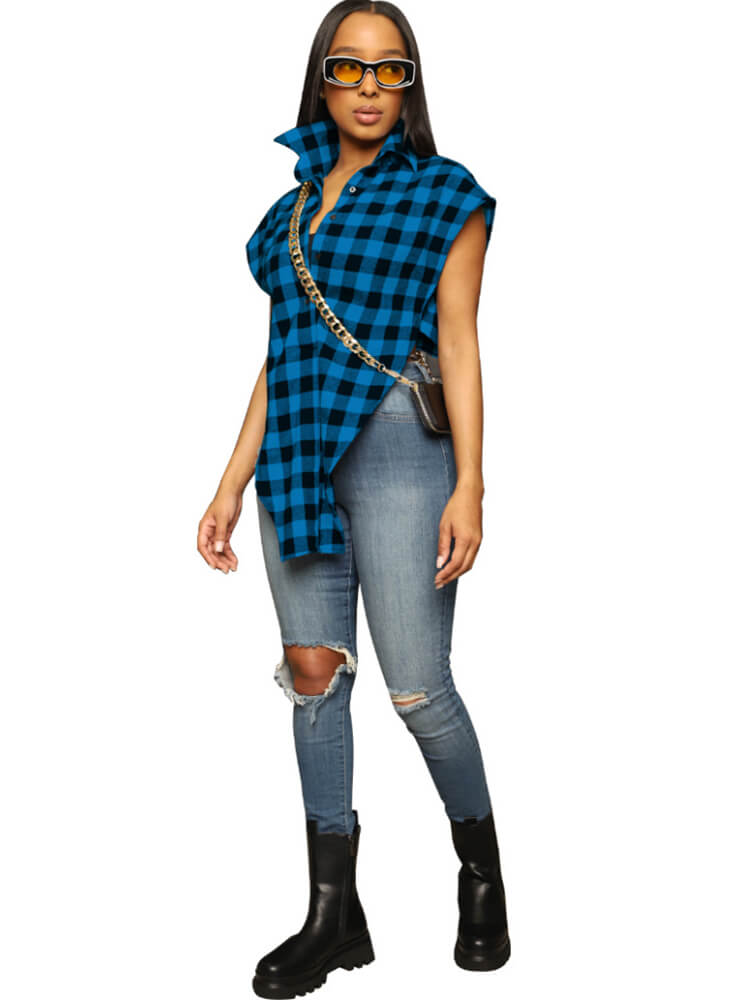Plaid Print Strappy Irregular Sleeveless Shirt Tiynon
