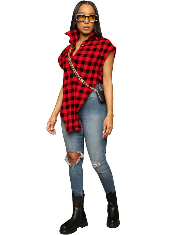 Plaid Print Strappy Irregular Sleeveless Shirt Tiynon