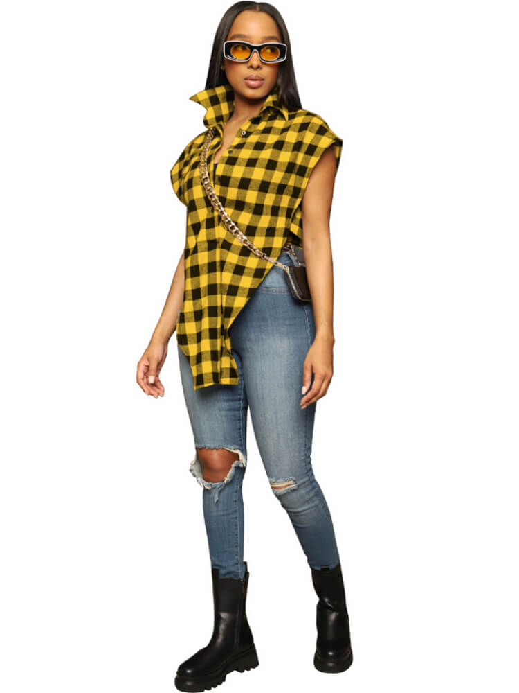Plaid Print Strappy Irregular Sleeveless Shirt Tiynon