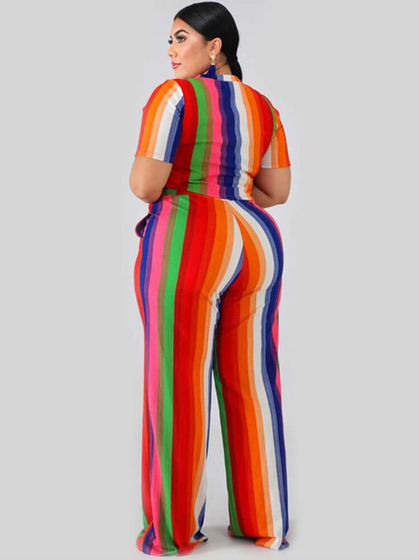 Plus Size 2 Piece Stripes Crop Top + Long Pants Sets Tiynon