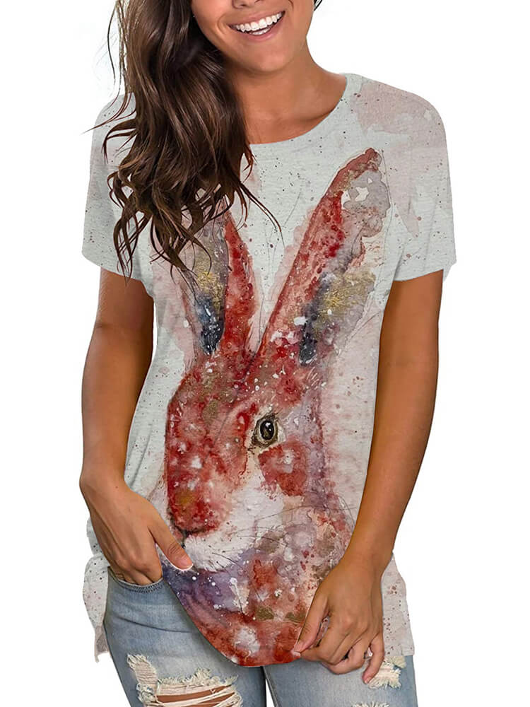 Plus Size Easter Short Sleeve Bunny Print T-shirt Tiynon