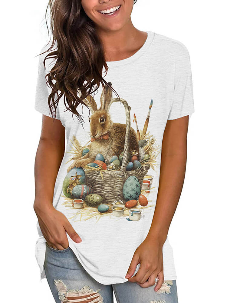 Plus Size Easter Short Sleeve Bunny Print T-shirt Tiynon