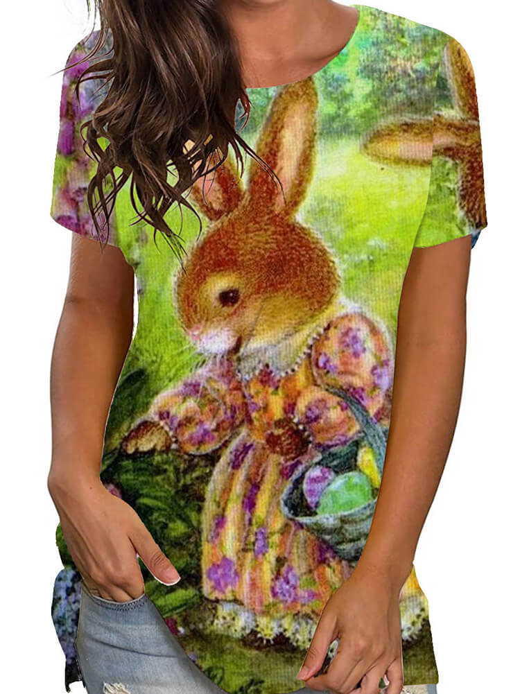 Plus Size Easter Short Sleeve Bunny Print T-shirt Tiynon
