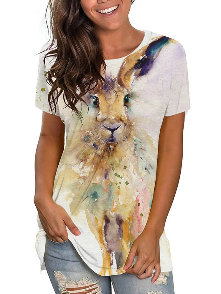 Plus Size Easter Short Sleeve Bunny Print T-shirt Tiynon