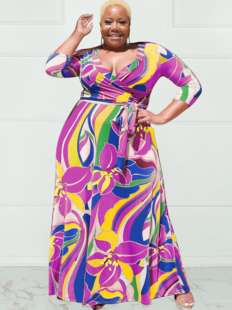 Plus Size Floral Print Belted Maxi Dresses Tiynon