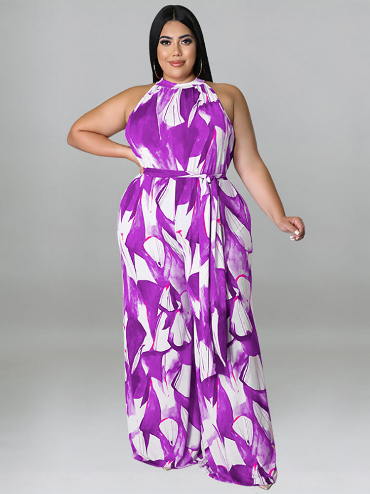Plus Size Halter Vintage Printed Jumpsuit Tiynon