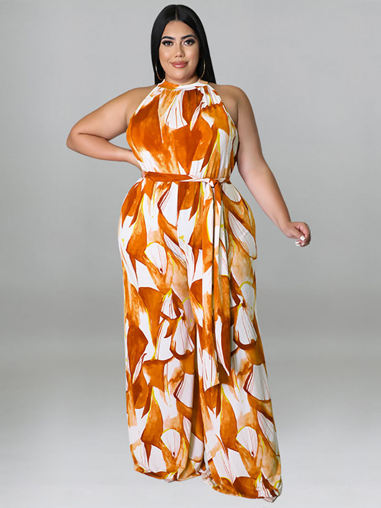 Plus Size Halter Vintage Printed Jumpsuit Tiynon