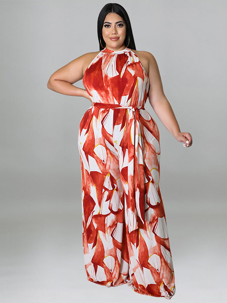 Plus Size Halter Vintage Printed Jumpsuit Tiynon