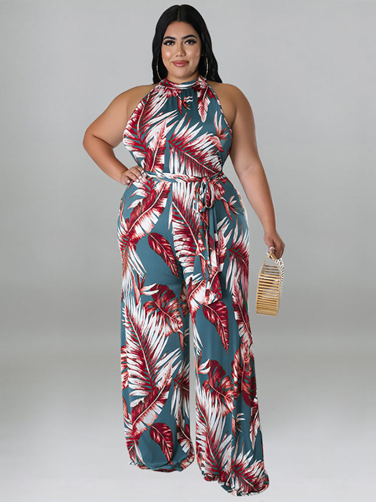 Plus Size Halter Vintage Printed Jumpsuit Tiynon