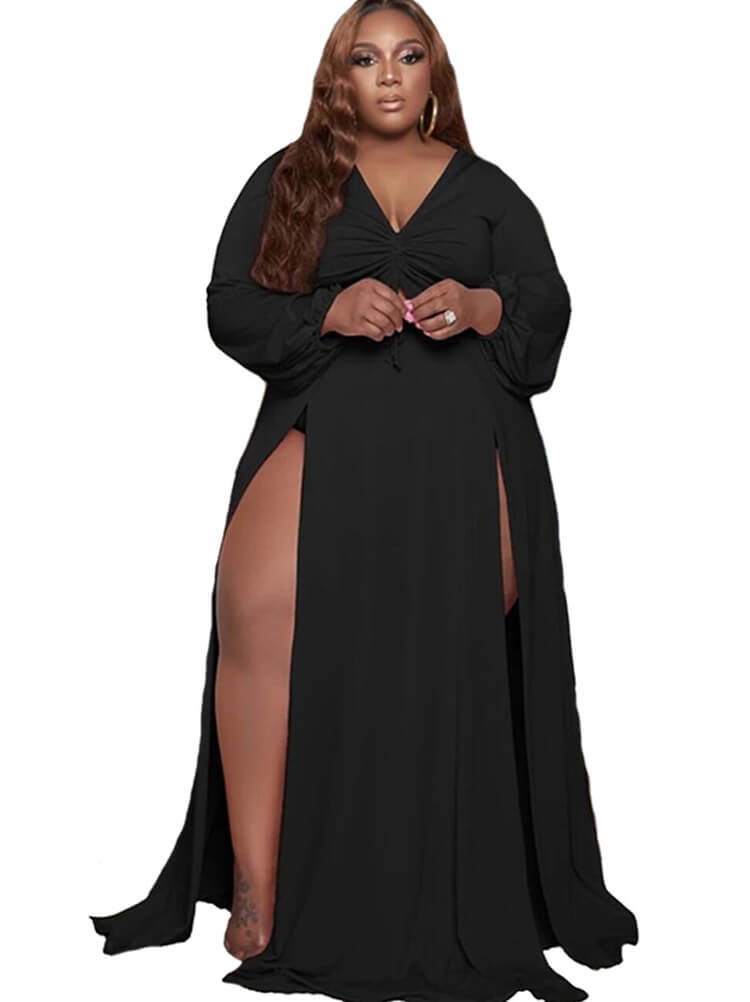 Plus Size Long Sleeve Drawstring Split Maxi Dresses Tiynon