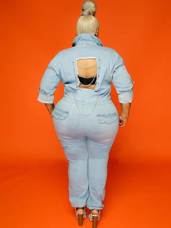 Plus Size Long Sleeve Hollow Out Denim Jumpsuit Tiynon