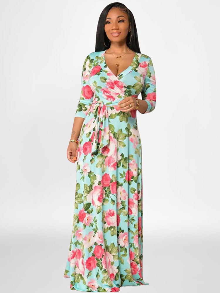 Plus Size Long Sleeves Floral Print Maxi Dresses Tiynon