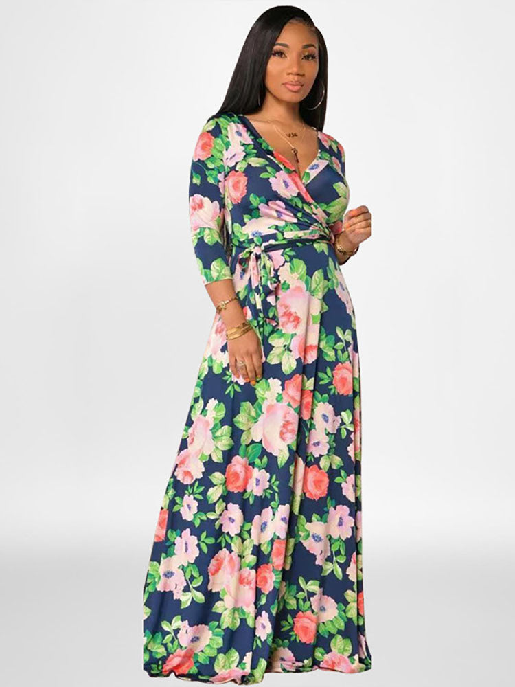 Plus Size Long Sleeves Floral Print Maxi Dresses Tiynon