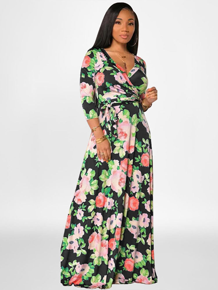 Plus Size Long Sleeves Floral Print Maxi Dresses Tiynon