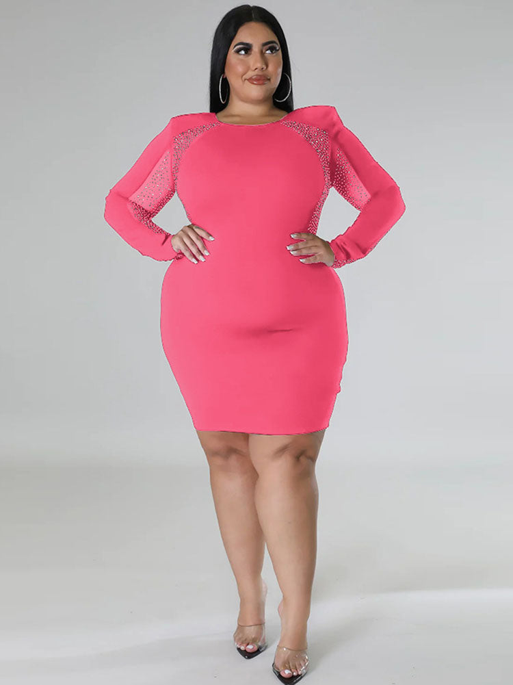 Plus Size Long Sleeves Rhinestone Mini Dresses Tiynon
